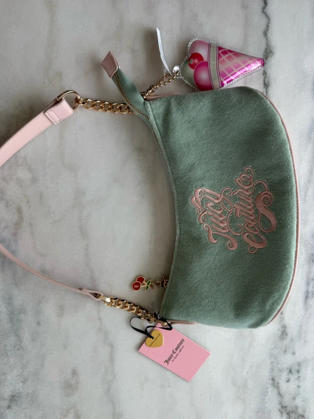 Juicy Couture NWT Sugar Rush Terry Shoulder Bag Ice Cream Charm Green Pink